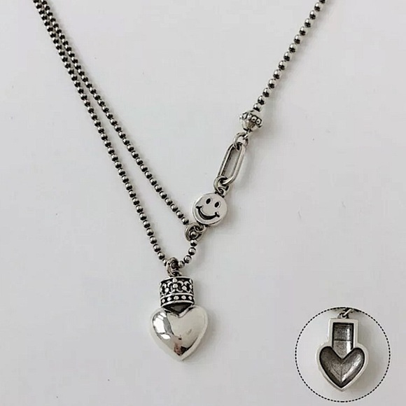 Sterling Silver Happy Face Heart Charm Charm Pendant Necklace - Picture 10 of 11